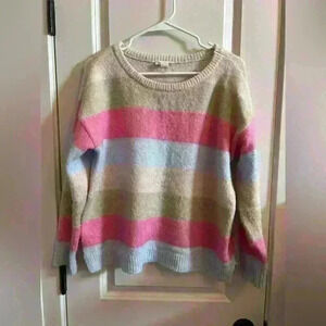 Loft outlet lounge scoop neck striped sweater size small pink blue and tan